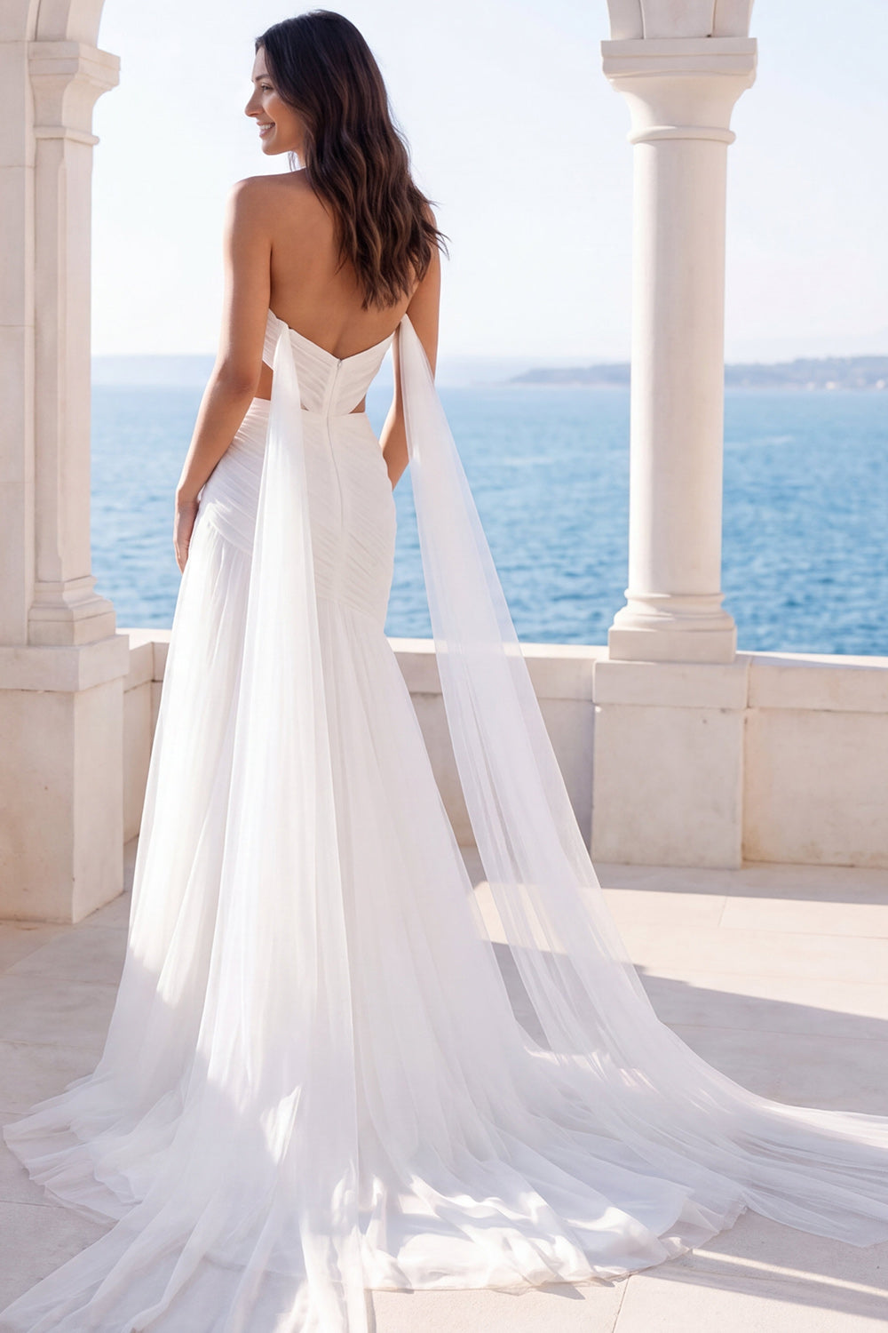 Strapless Ruched Pleated Cut Out Ivory Maxi Wedding Dress