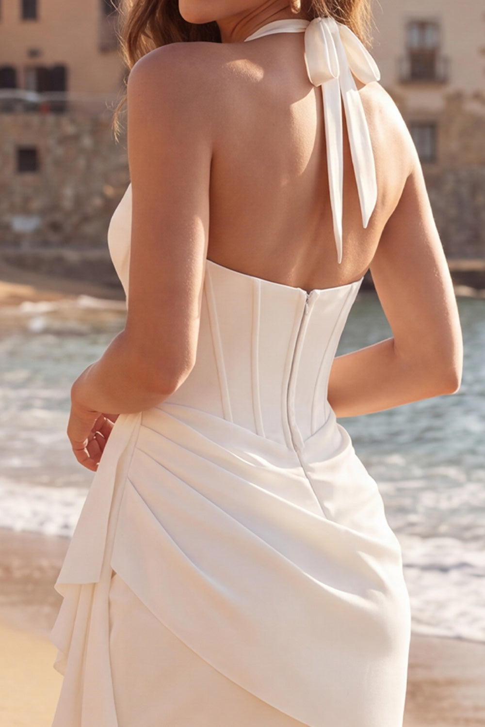 Halter Corset Ruched Mini White Dress with Streamer