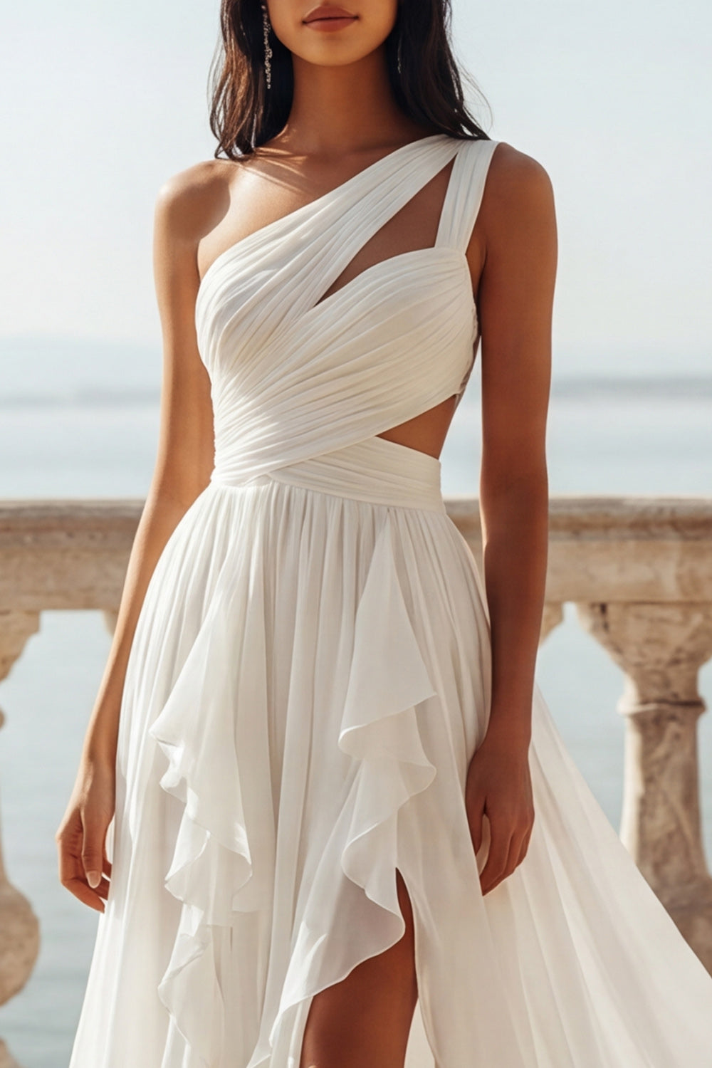 One Shoulder Ruffled Cut Out Ruched A Line Ivory Wedding Dress