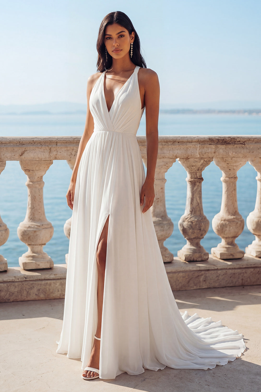Ruched A Line Ivory Wedding Dress with Slit