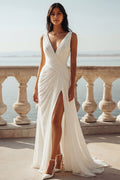Ruched A Line Ivory V Neck Wedding Dress with Slit