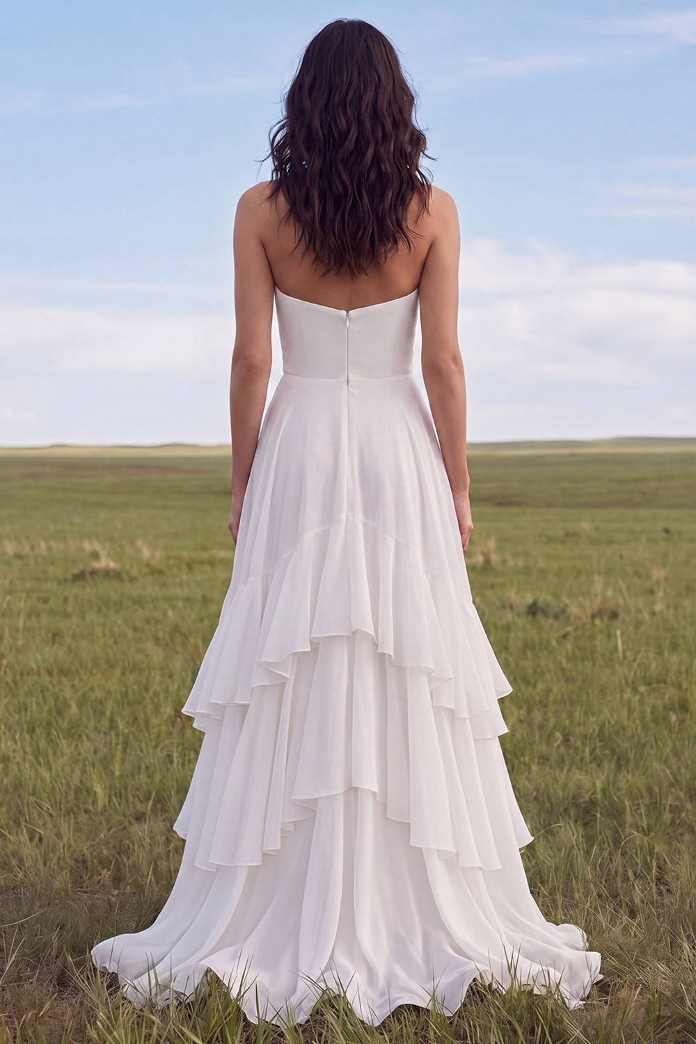 Strapless Ruffled A Line Ivory Boho Wedding Dress with Slit