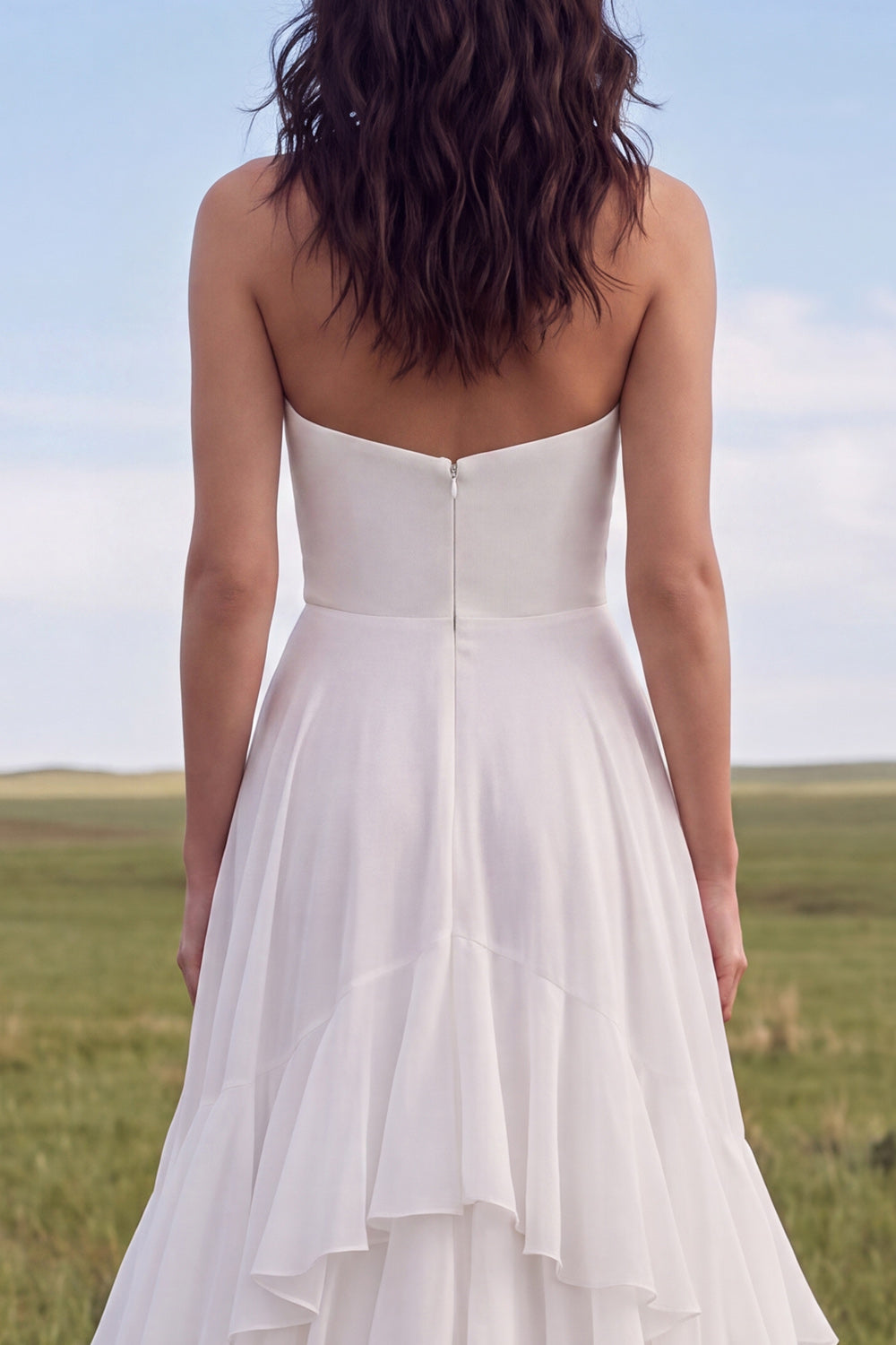 Strapless Ruffled A Line Ivory Boho Wedding Dress with Slit
