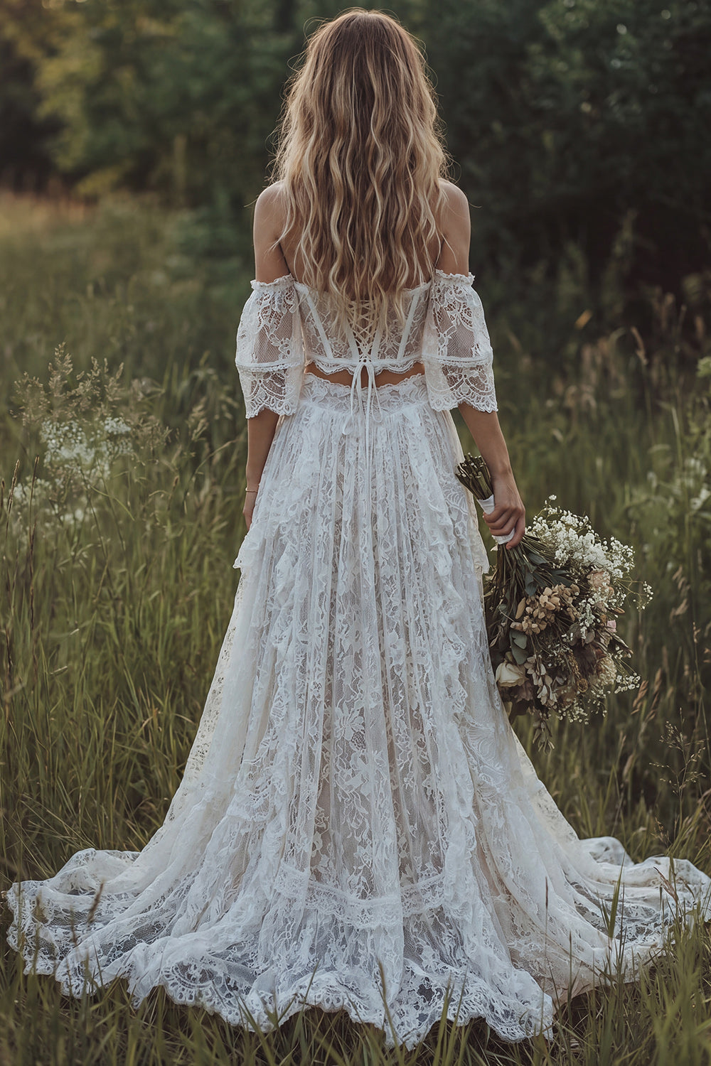 Off the Shoulder Corset 2 Piece A Line Lace Ivory Boho Wedding Dress
