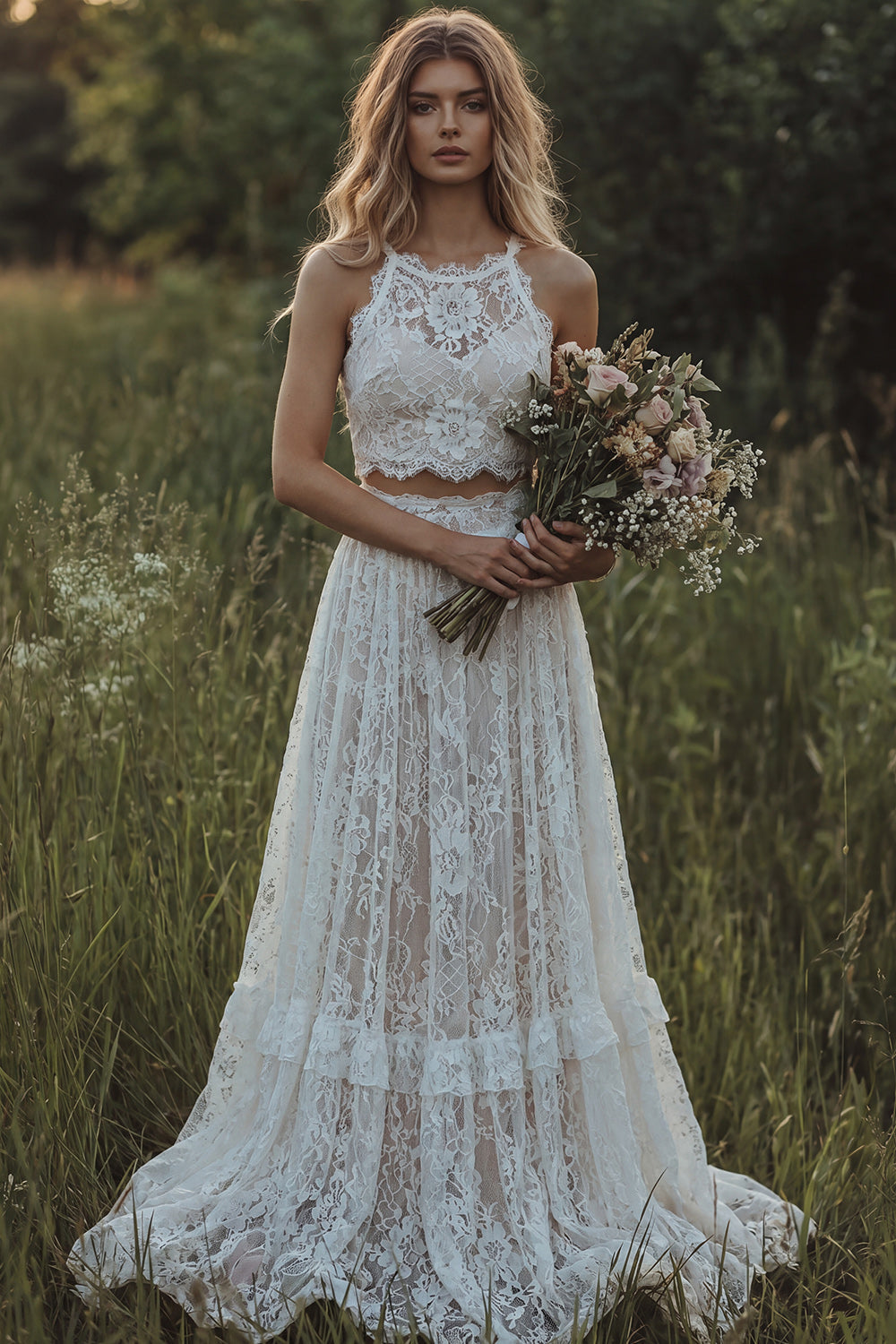 Halter Lace 2 Piece A Line Ivory Boho Wedding Dress