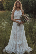 Halter Lace 2 Piece A Line Ivory Boho Wedding Dress