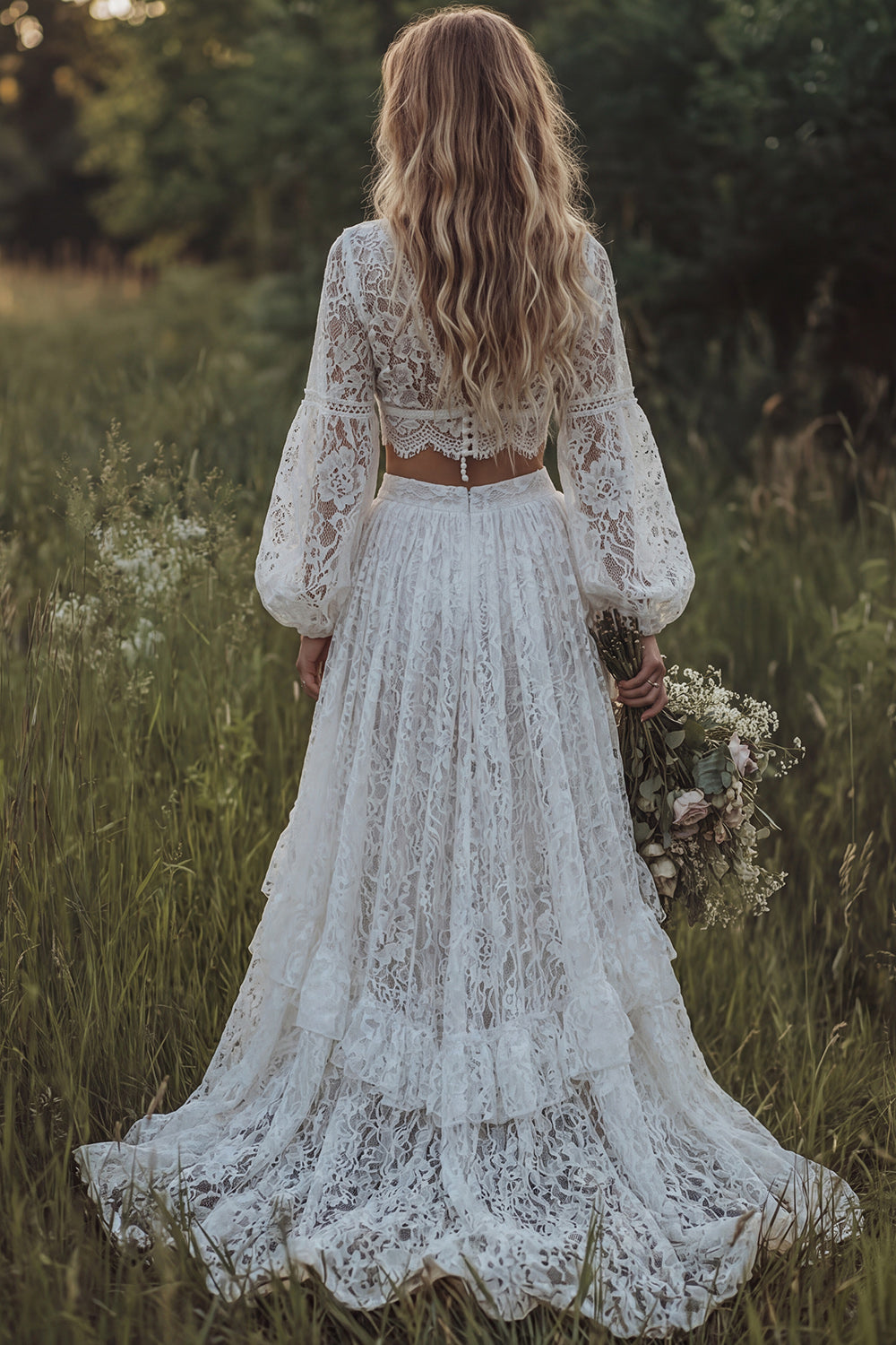 Lace 2 Piece Long Sleeve A Line Ivory Boho Wedding Dress