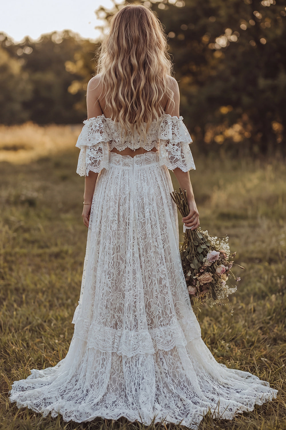 Off the Shoulder Lace 2 Piece A Line Ivory Boho Wedding Dress with Ruffles
