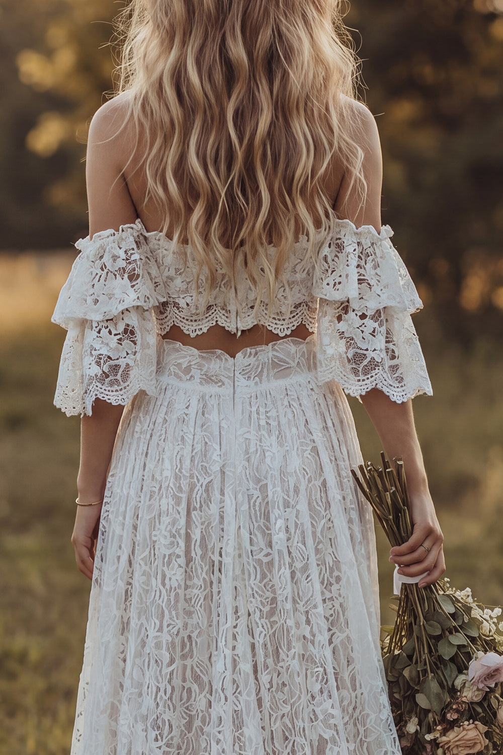 Off the Shoulder Lace 2 Piece A Line Ivory Boho Wedding Dress with Ruffles