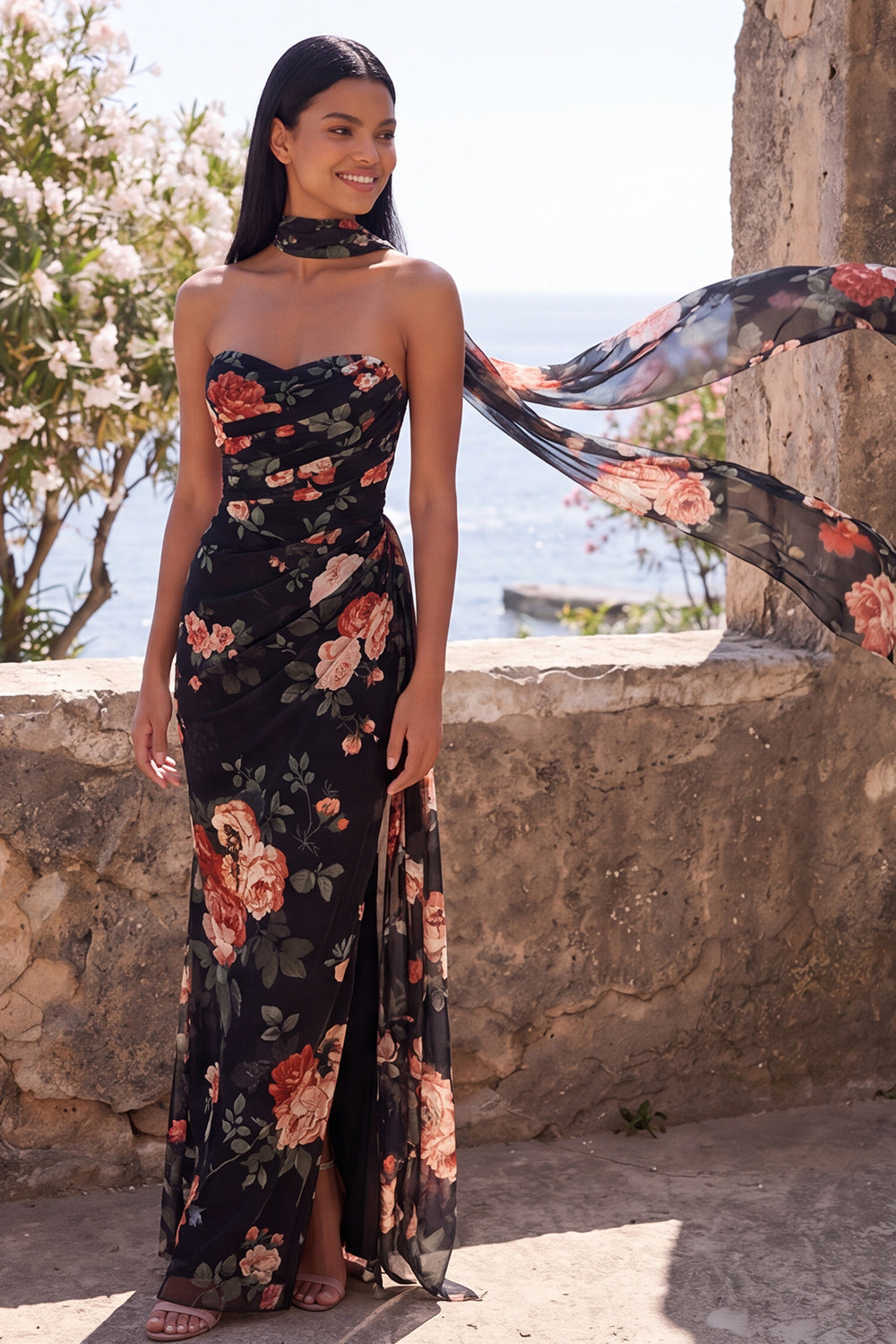 Sweetheart Black Mermaid Floral Wedding Guest Dress with Scarf