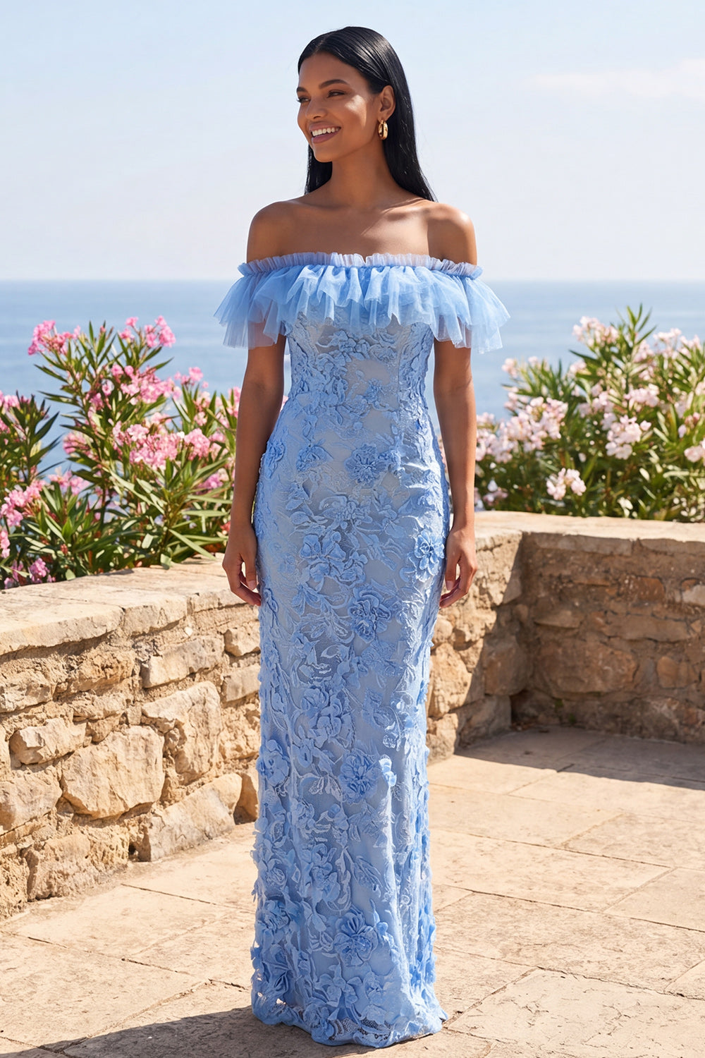 Off the Shoulder Lace Blue Floral Wedding Guest Dress