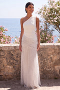White Black One Shoulder Polka Dot Sheath Maxi Dress