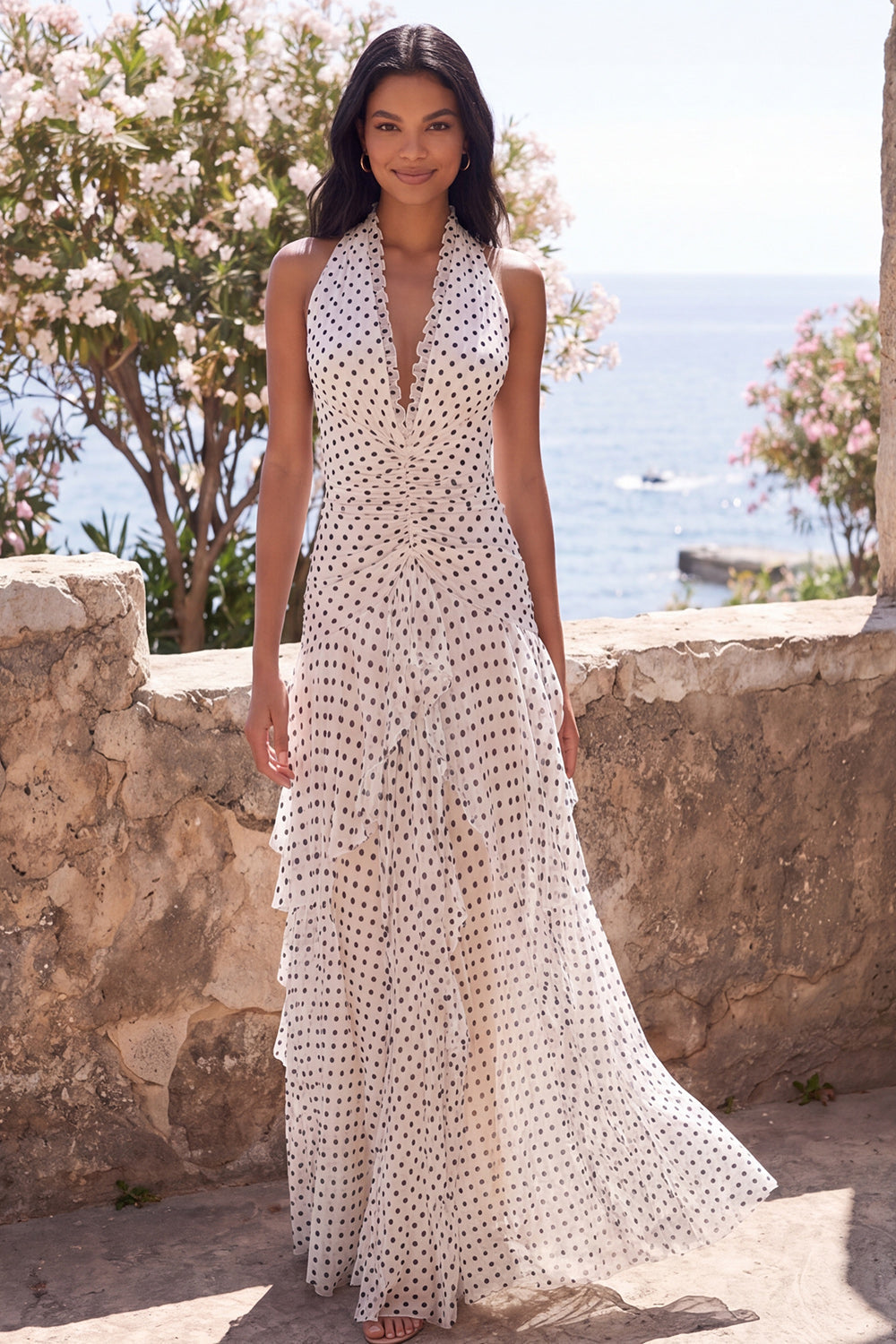 Halter White Black Ruffled Maxi Polka Dot Dress