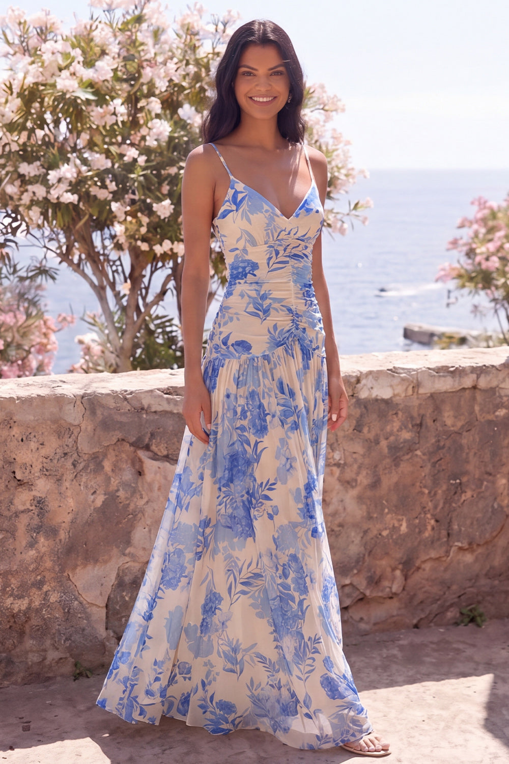 Blue Floral A Line Spaghetti Straps Wedding Guest Dress