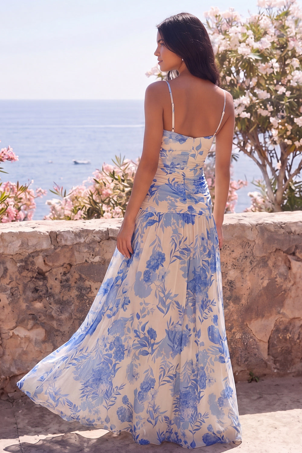 Blue Floral A Line Spaghetti Straps Wedding Guest Dress
