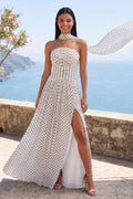 Strapless White Black Polka Dot Dress with Slit