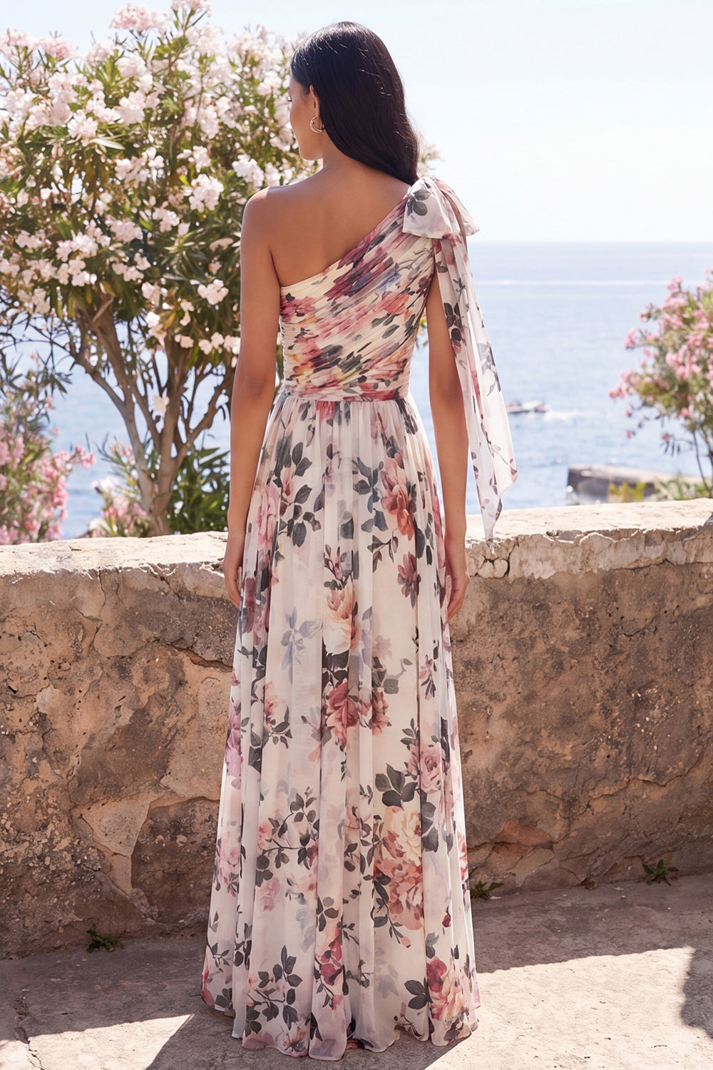 One Shoulder Floral Ivory Wedding Guest Dress with Slit