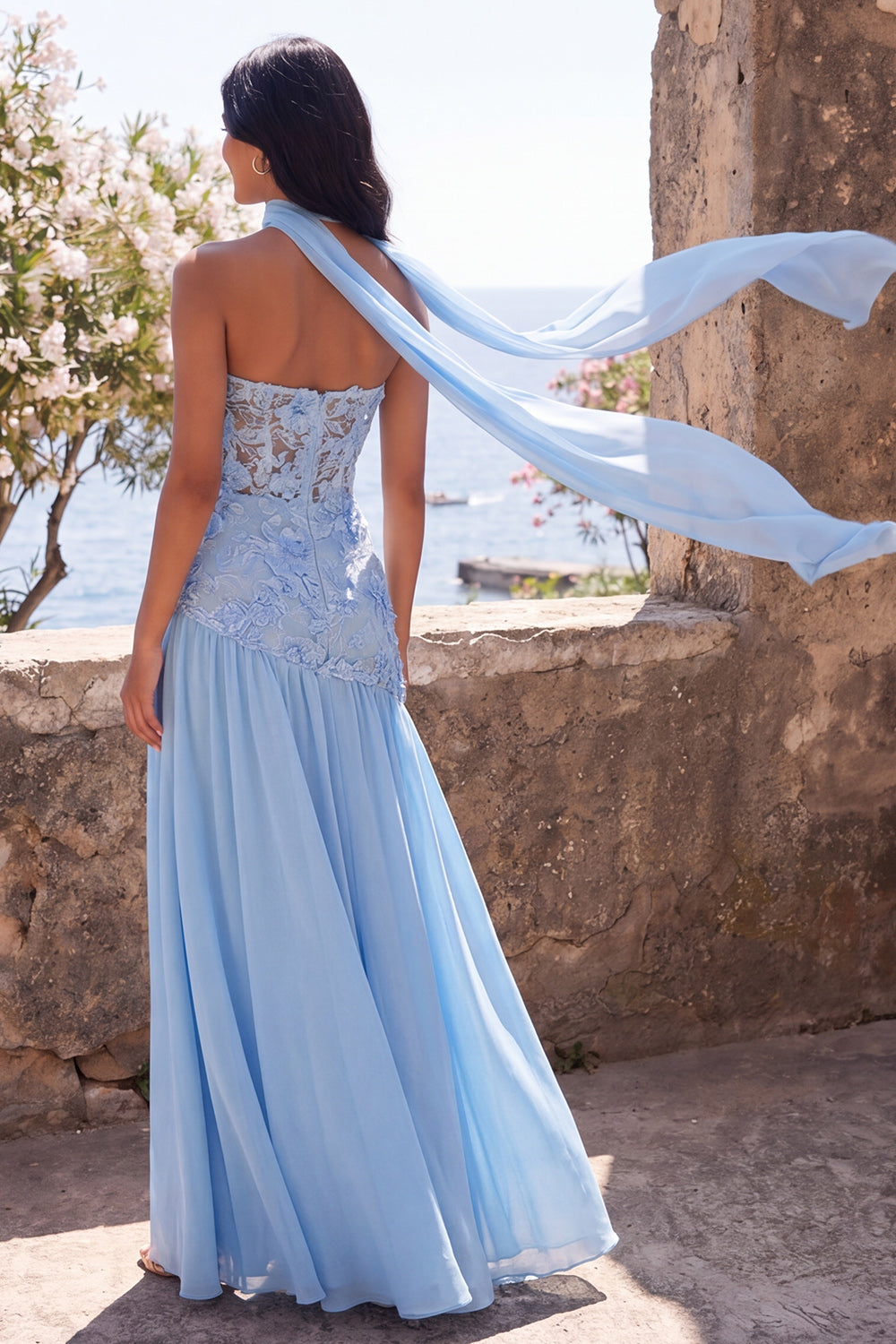 Strapless Blue Floral Appliqued Maxi Dress with Scarf