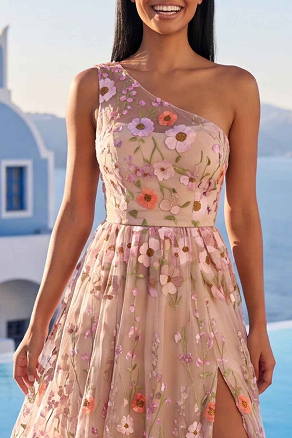 One Shoulder Champagne Floral Wedding Guest Dress with Slit