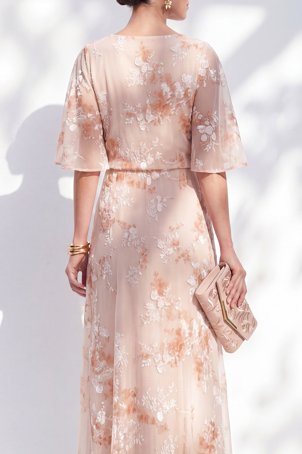 Half Sleeve Floral Champagne A Line Ruffled Mother of the Bride Dress
