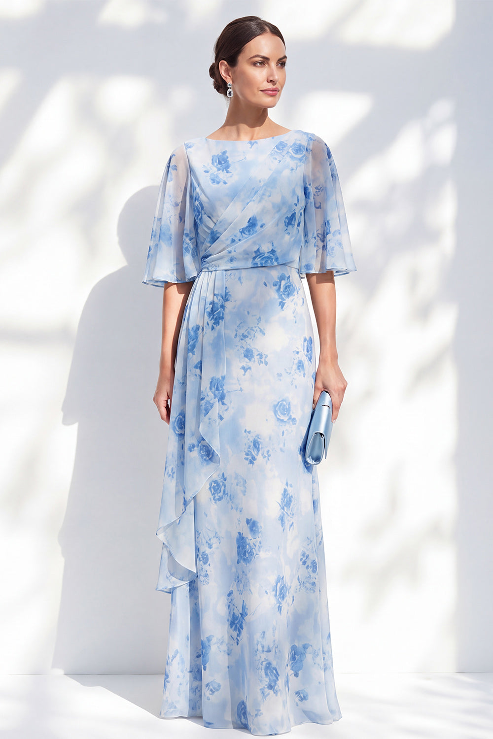 Blue Floral Ruched Mermaid Mother of the Bride Dress with Ruffles