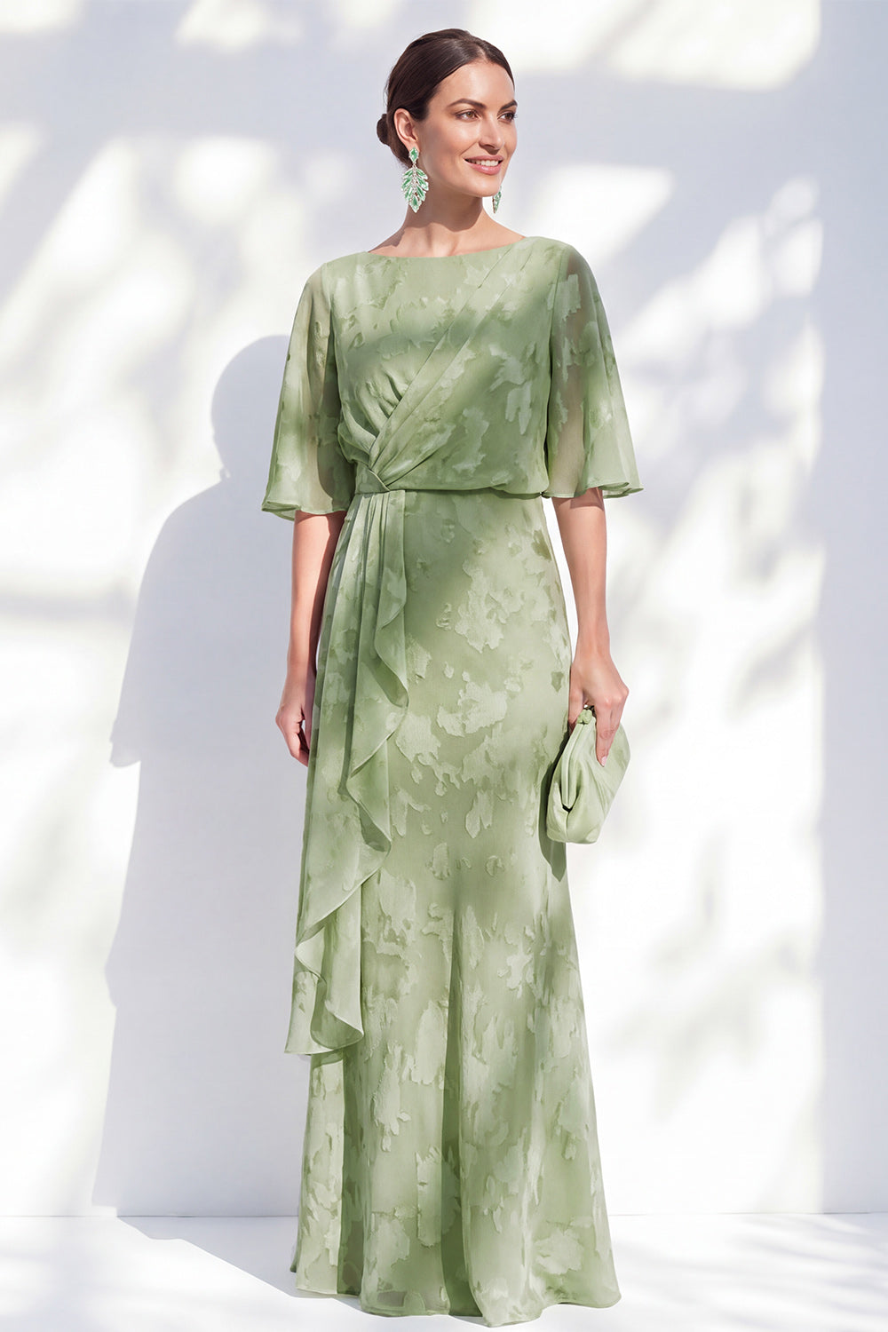 Sage Green Ruched Mermaid Mother of the Bride Dress with Half Sleeves