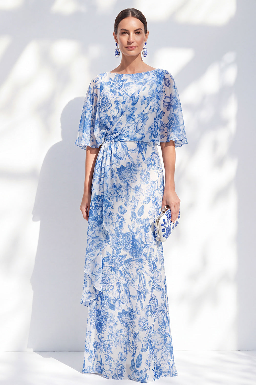 White Blue Floral Ruched Mermaid Half Sleeve Mother of the Bride Dress