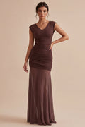 Brown Mermaid Ruched Chiffon V Neck Maxi Formal Dress