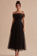 Off the Shoulder A Line Ruched Black Formal Dress