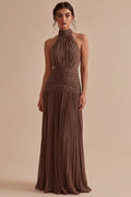 Halter Dark Coffee A Line Ruched Pleated Formal Dress
