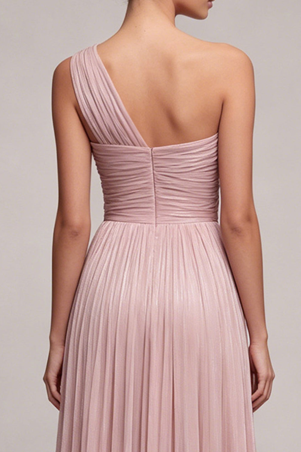 One Shoulder Dusty Rose A Line Ruched Pleated Formal Dress