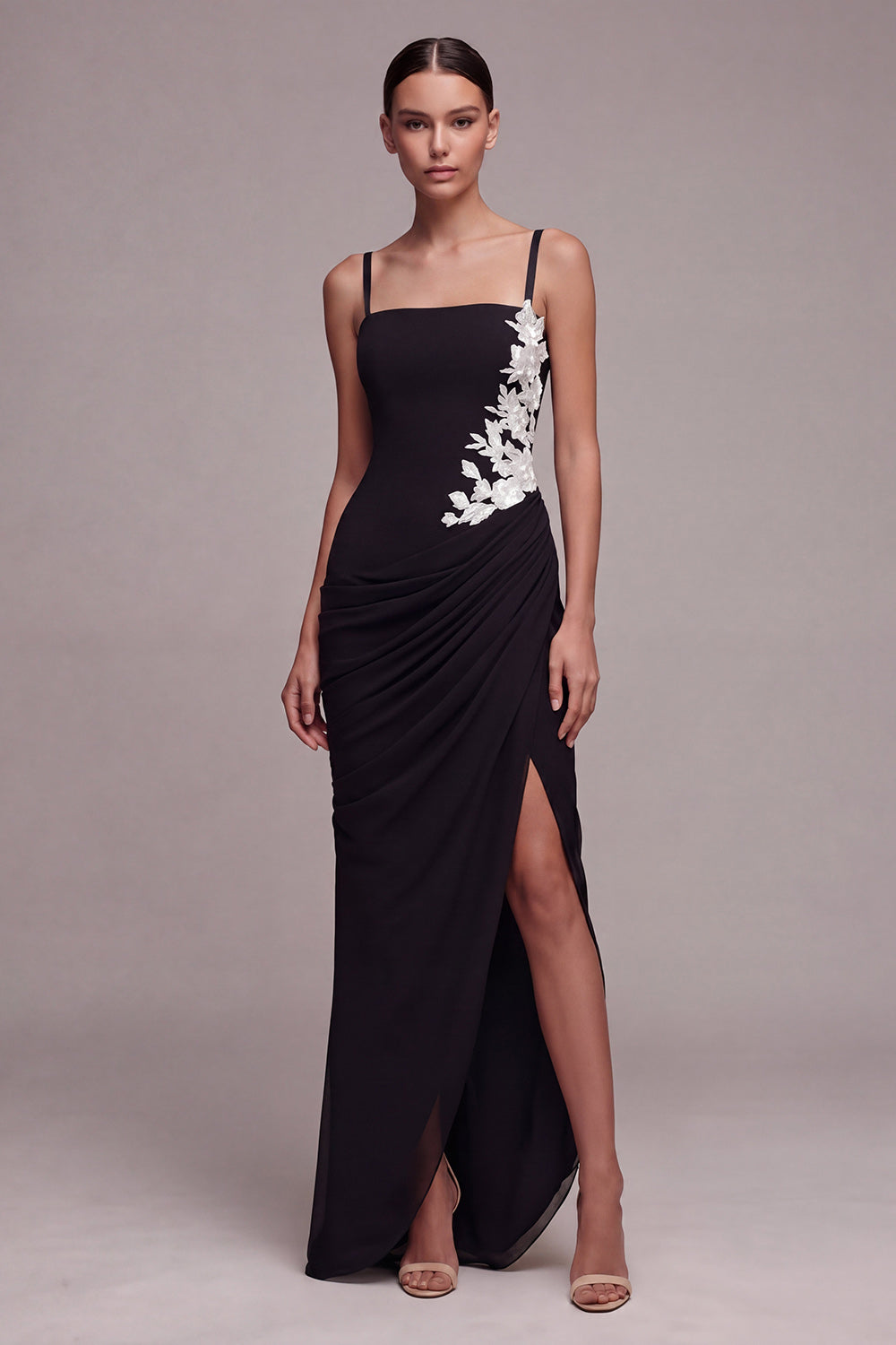 Black Ruched Appliqued Mermaid Maxi Formal Dress with Slit