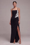 Black Ruched Appliqued Mermaid Maxi Formal Dress with Slit