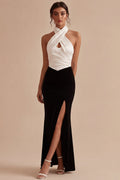 Halter Black and White ColorBlock Ruched Mermaid Formal Dress