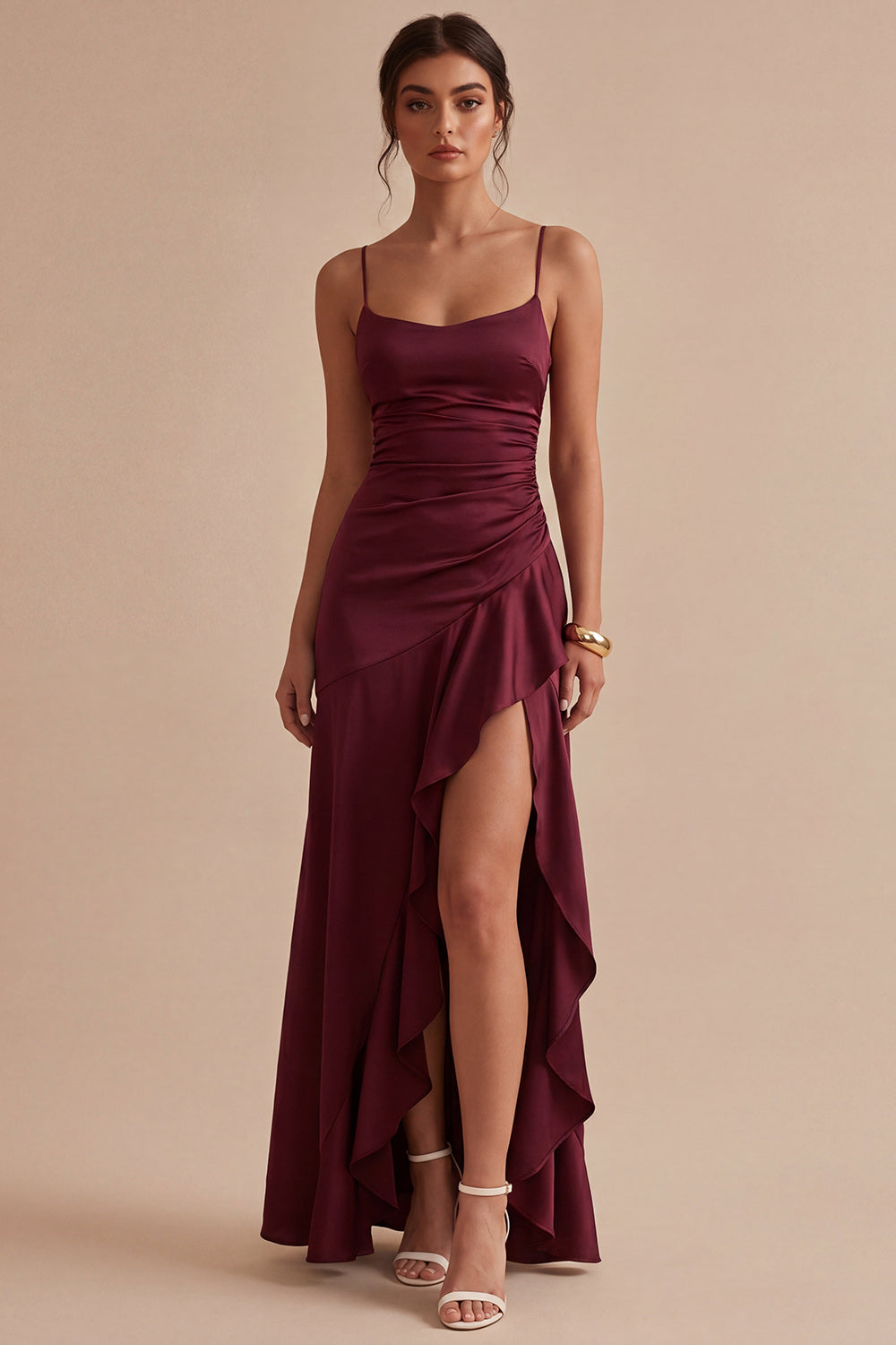 Burgundy Ruched Maxi Formal Dress with Ruffles