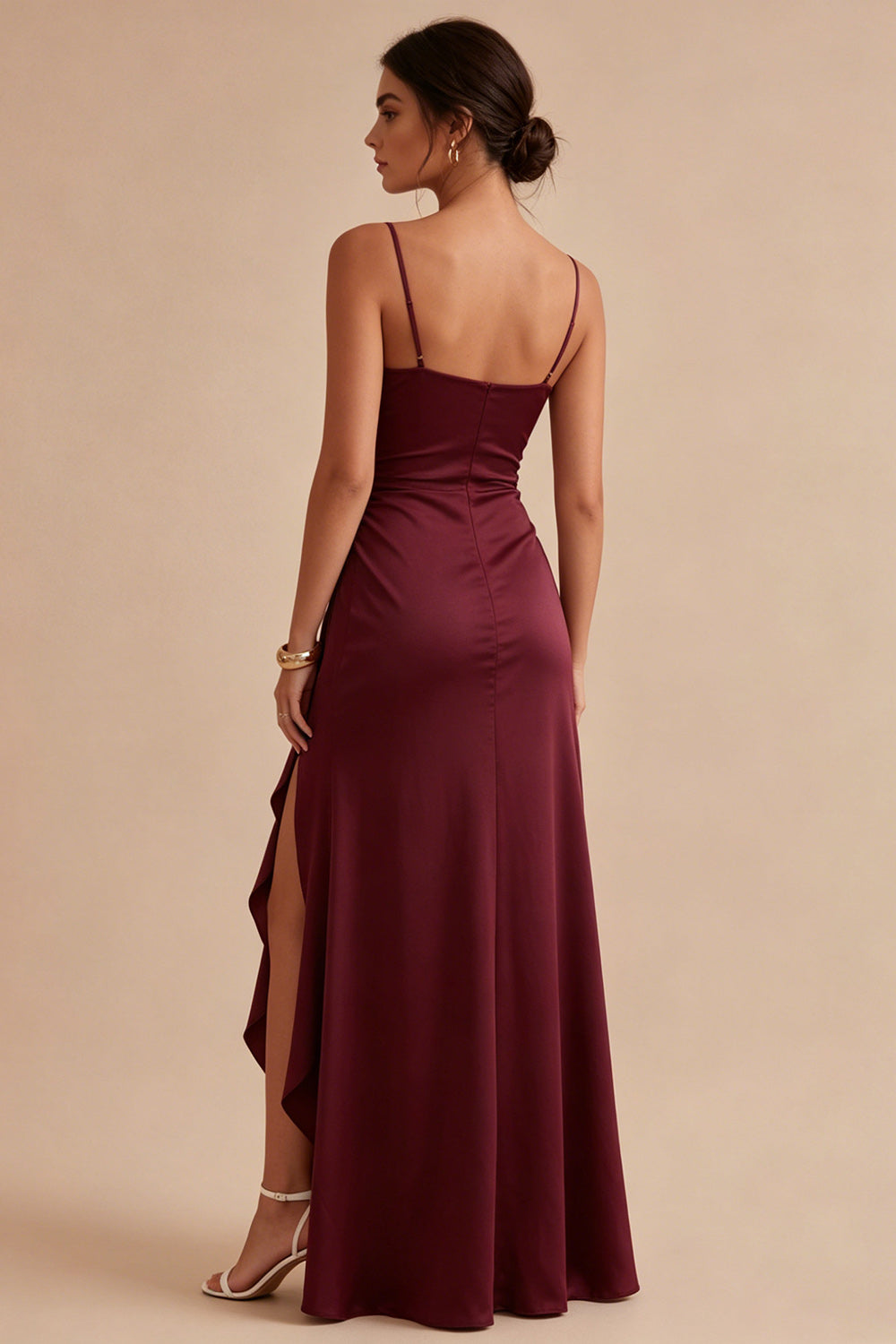 Burgundy Ruched Maxi Formal Dress with Ruffles