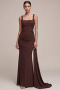 Mermaid Brown Ruched Chiffon Maxi Formal Dress with Side Cape