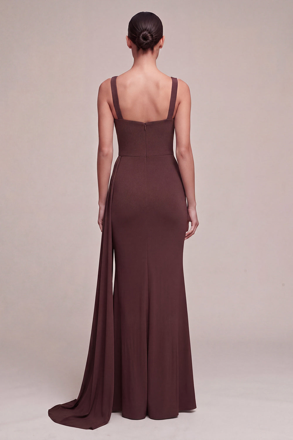 Mermaid Brown Ruched Chiffon Maxi Formal Dress with Side Cape