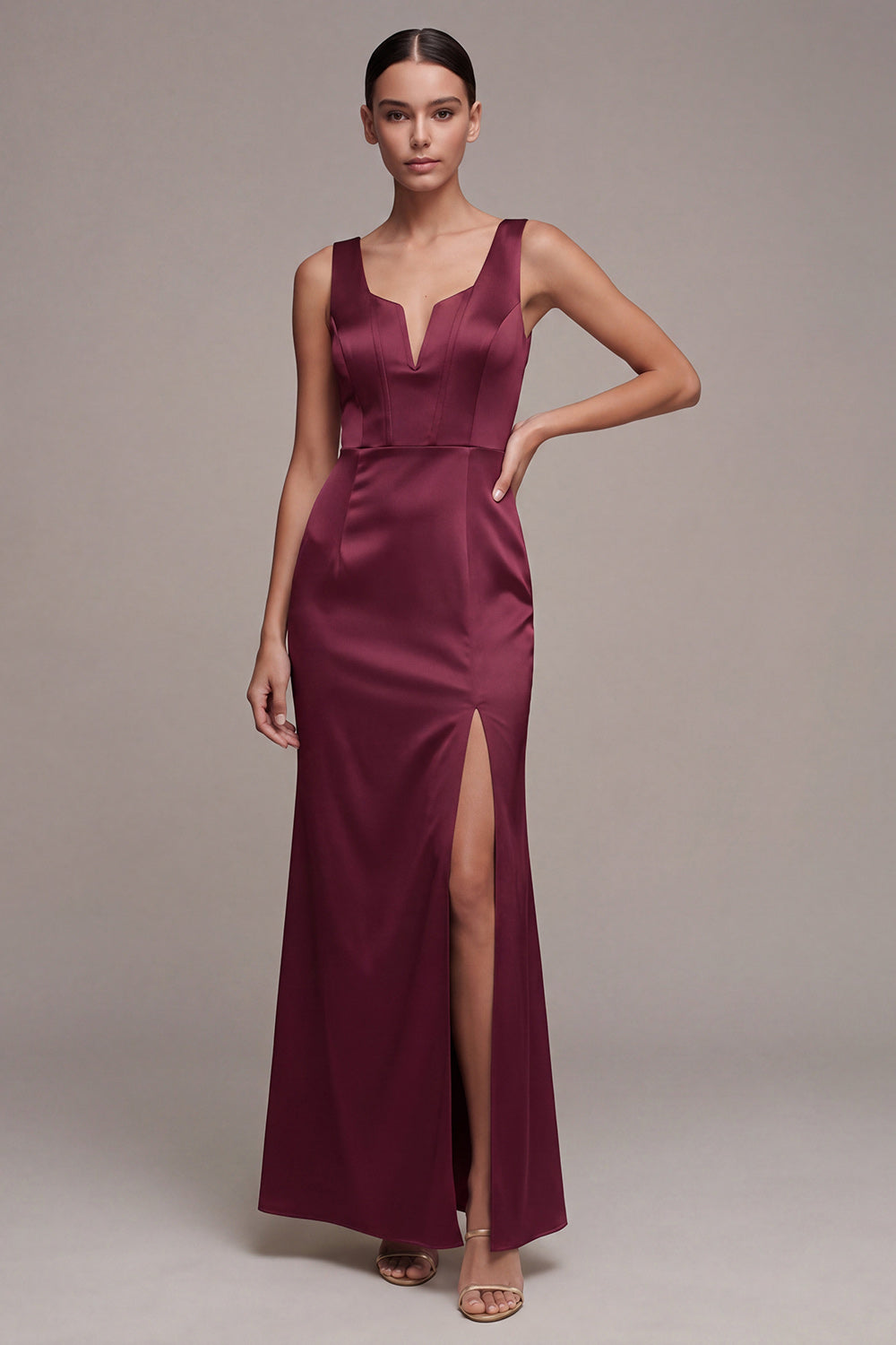 Mermaid Burgundy Corset Satin Maxi Formal Dress with Slit