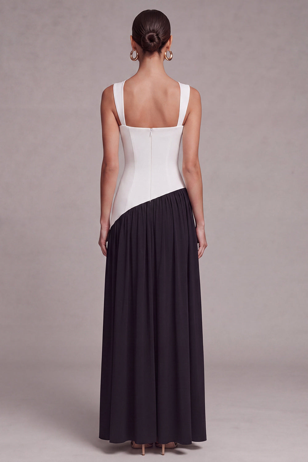 Black and White ColorBlock A Line Pleated Formal Dress with Slit