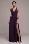 Plum A Line Pleated Ruched Maxi Formal Dress with Slit