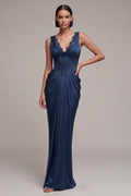 Navy Corset Lace Pleated Mermaid Maxi Formal Dress