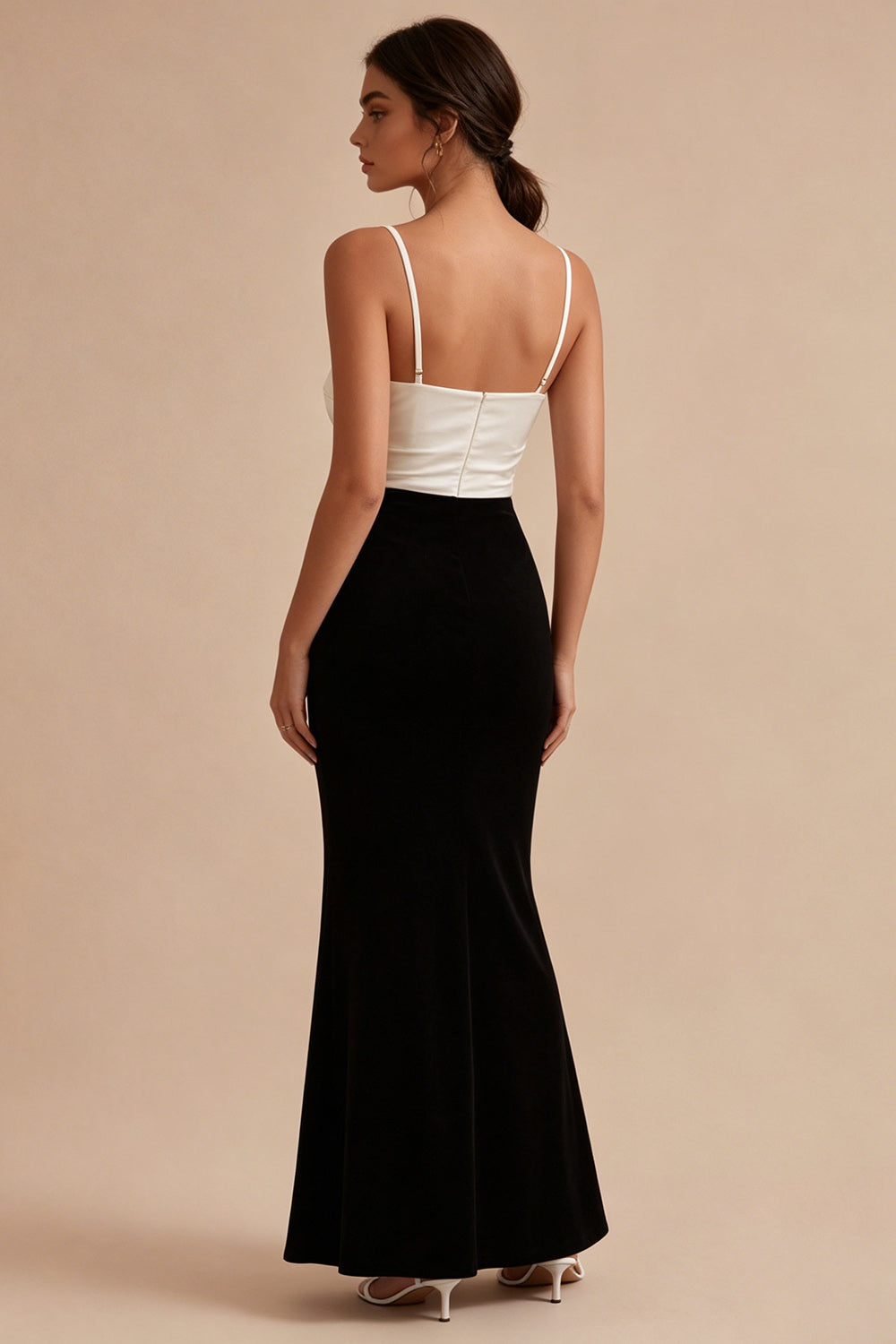 Mermaid Ruched ColorBlock Black and White Maxi Formal Dress with Slit