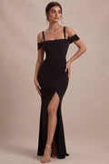 Cold Shoulder Black Ruched Mermaid Maxi Formal Dress