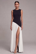 A Line Pleated ColorBlock Black and White Maxi Formal Dress with Slit