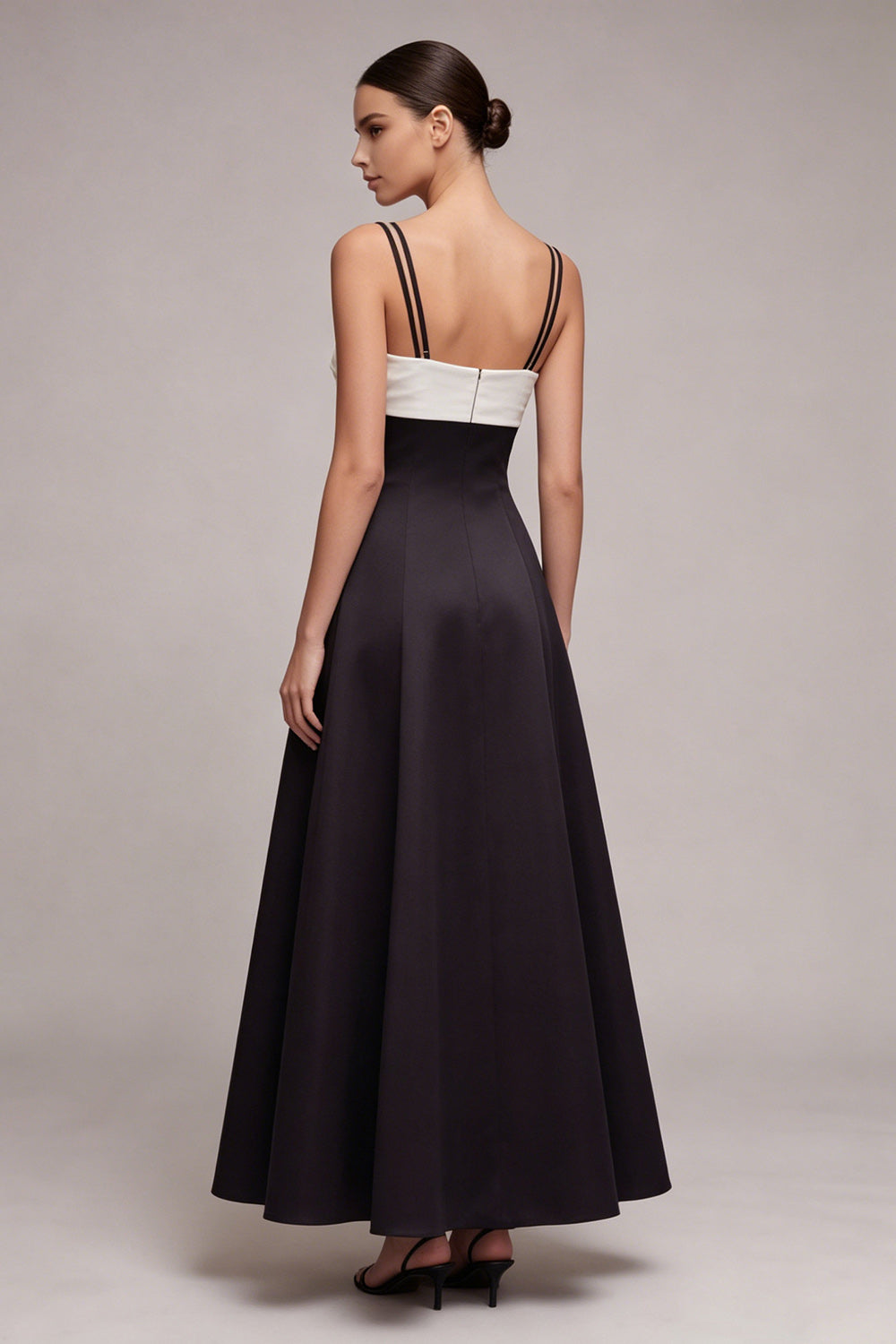 A Line Black and White Ruched Maxi Formal Dress
