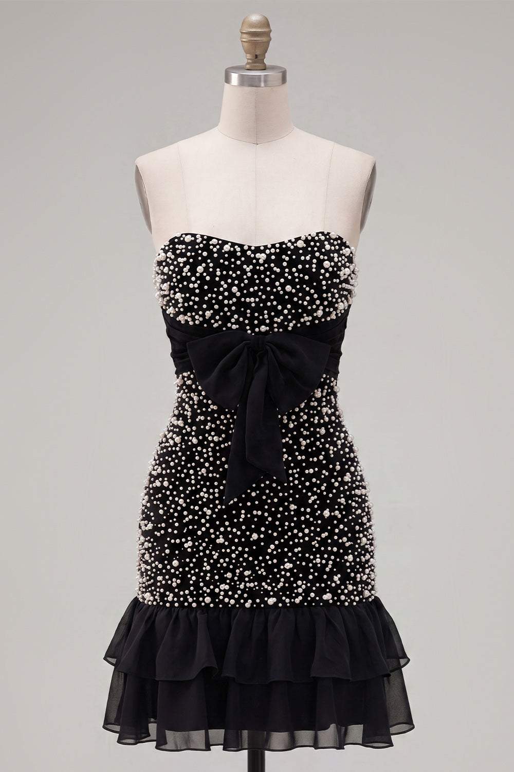 Strapless Beaded Black A Line Homecoming Dress With Bow