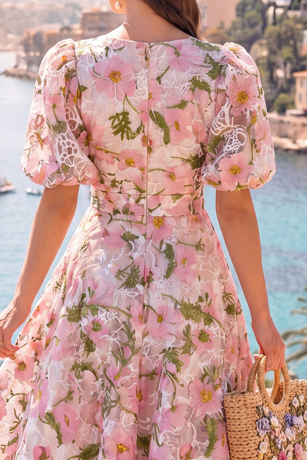 A Line Blue Floral Wedding Guest Dress With Puff Sleeves