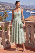 Square Neck Green Floral A Line Beaded Wedding Guest Dress