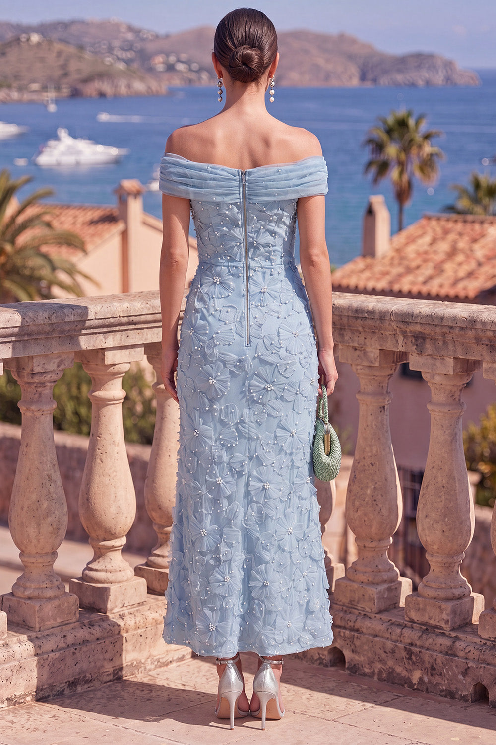 Off the Shoulder Floral Mermaid Sage Green Wedding Guest Dress With Beading